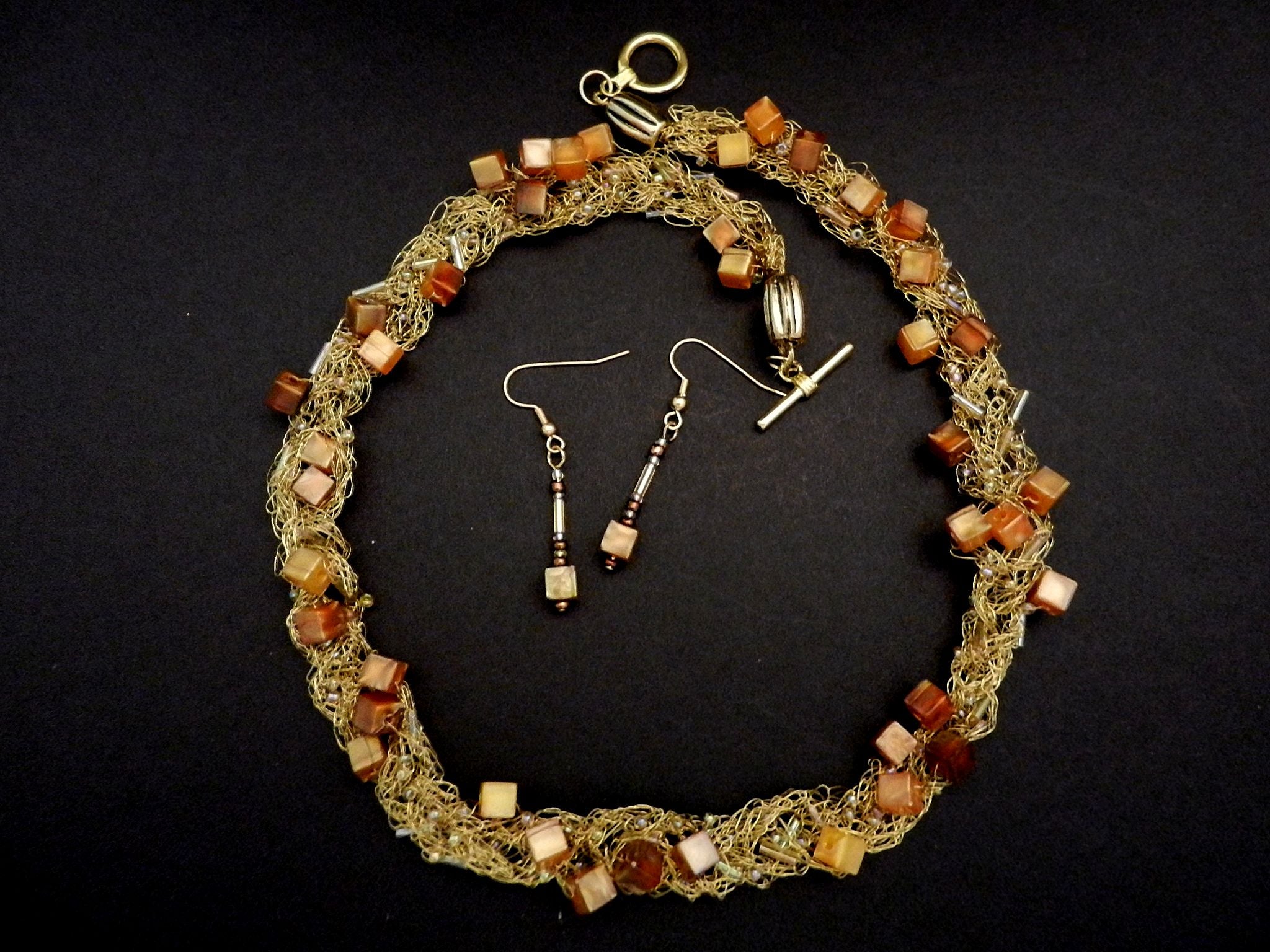 Gold Wire Crocheted Necklace with Matching Earrings