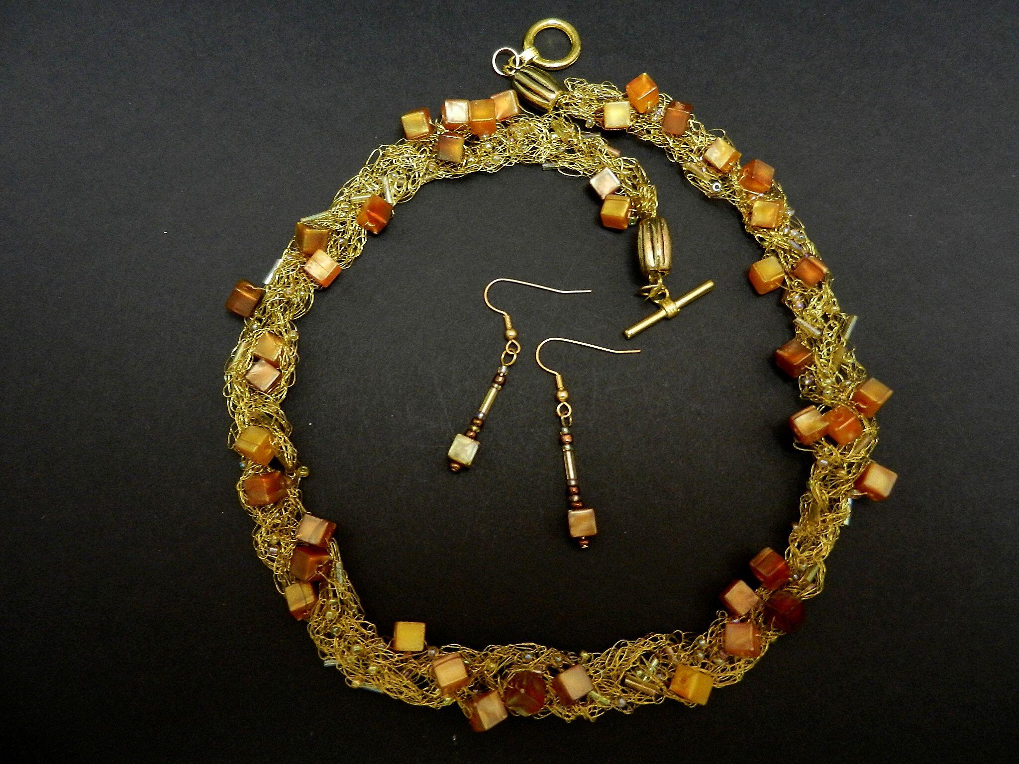Gold Wire Crocheted Necklace with Matching Earrings