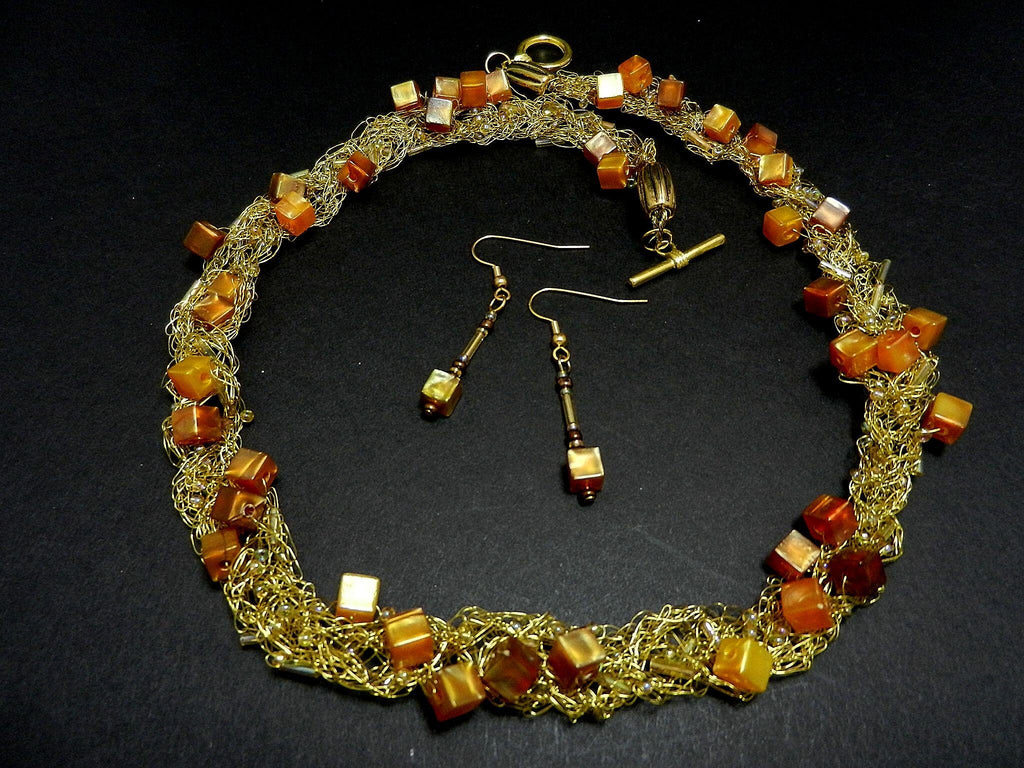 Gold Wire Crocheted Necklace with Matching Earrings