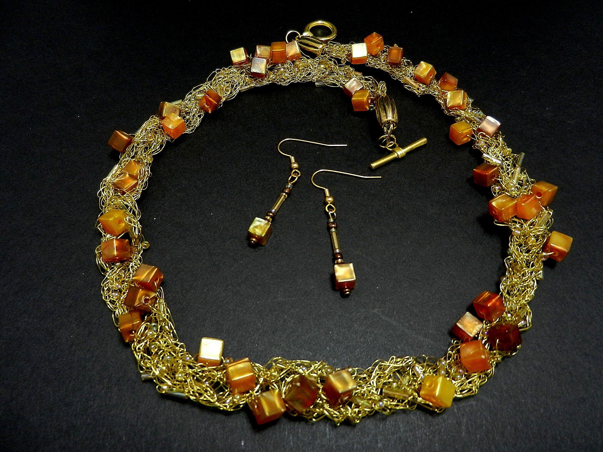 Gold Wire Crocheted Necklace with Matching Earrings