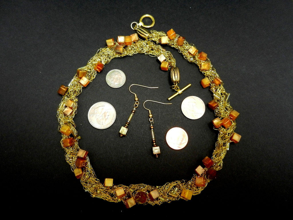 Gold Wire Crocheted Necklace with Matching Earrings