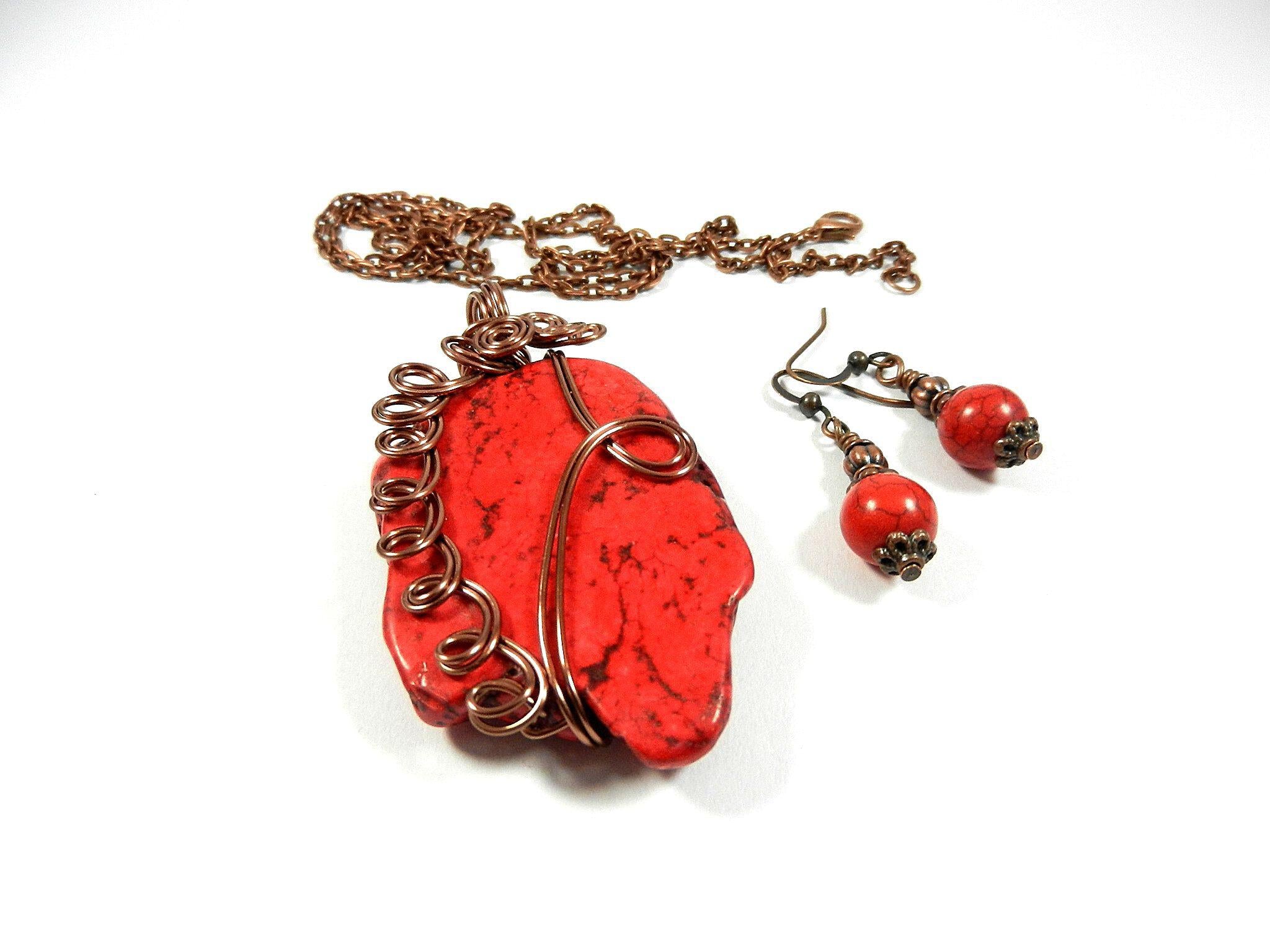 Red Turquoise Pendant Copper Wire Wrapped with Matching Earrings