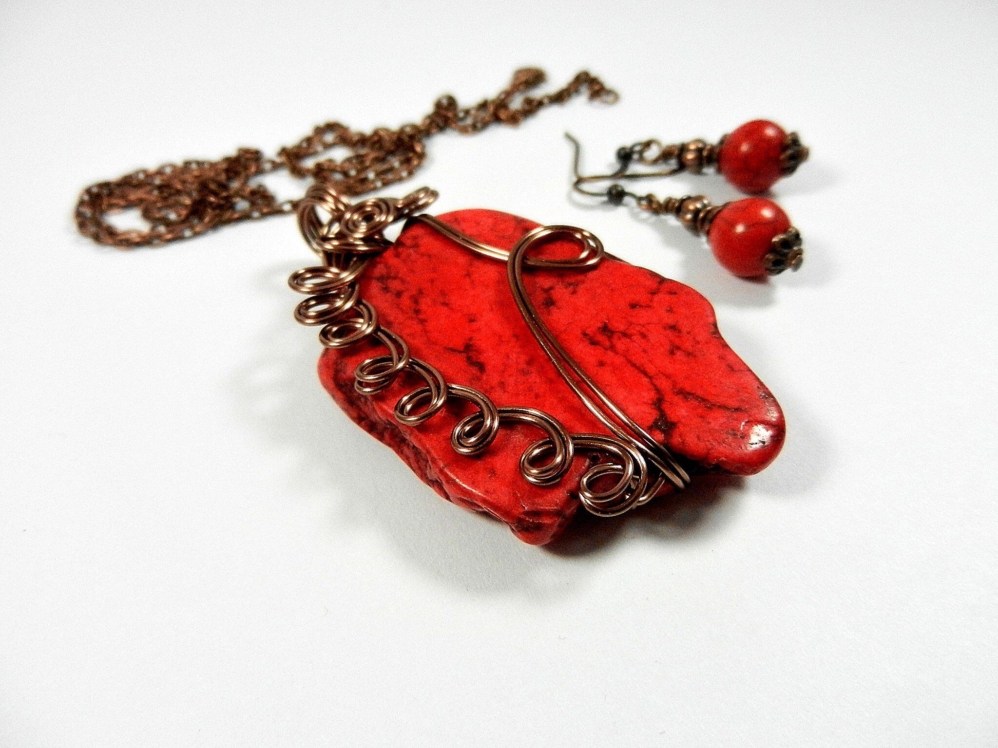 Red Turquoise Pendant Copper Wire Wrapped with Matching Earrings