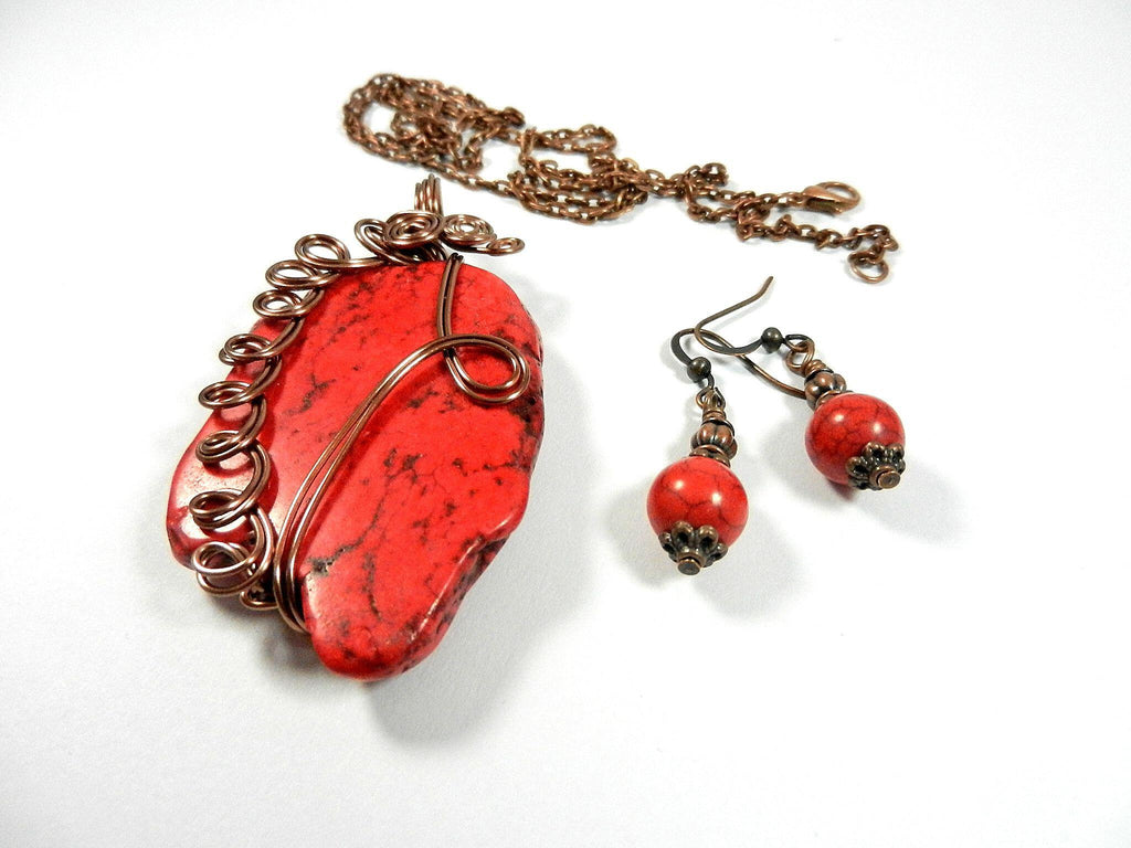 Red Turquoise Pendant Copper Wire Wrapped with Matching Earrings