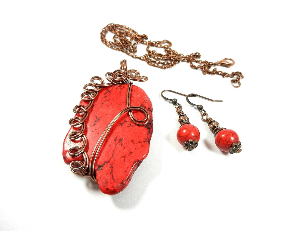 Red Turquoise Pendant Copper Wire Wrapped with Matching Earrings