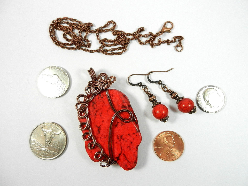Red Turquoise Pendant Copper Wire Wrapped with Matching Earrings