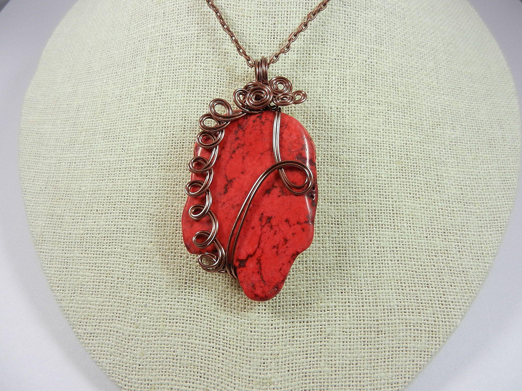 Red Turquoise Pendant Copper Wire Wrapped with Matching Earrings
