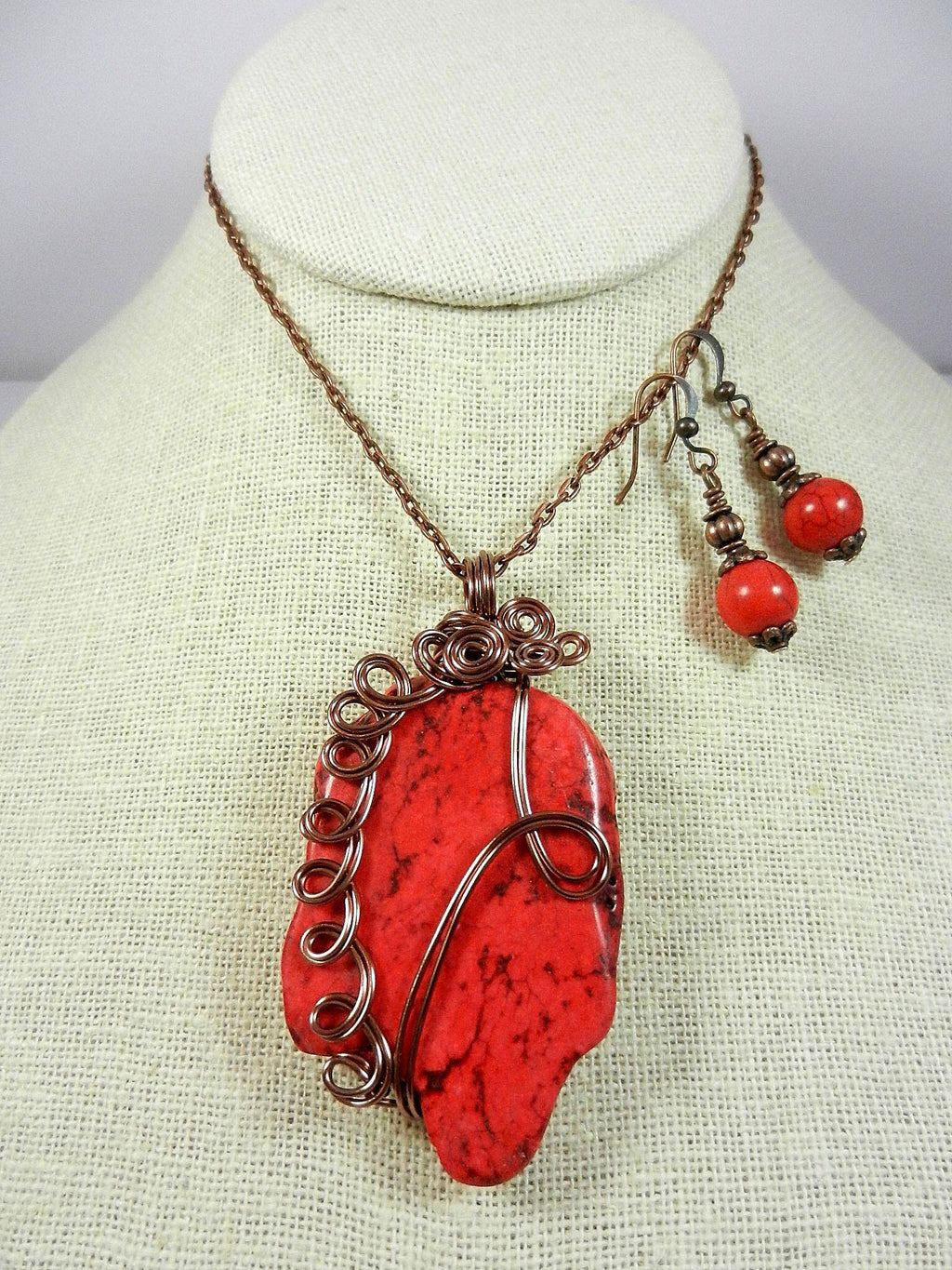 Red Turquoise Pendant Copper Wire Wrapped with Matching Earrings