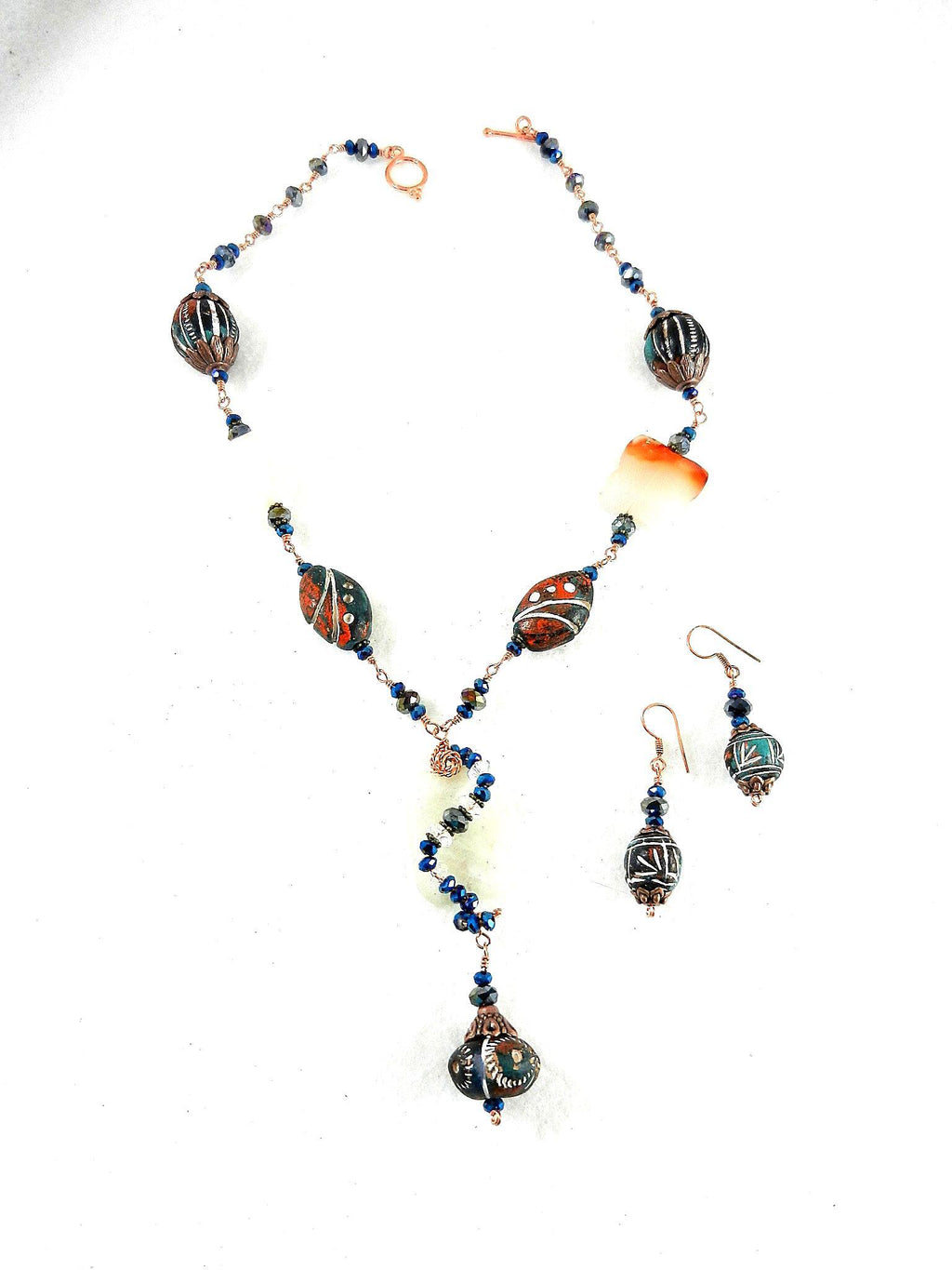 Copper Wire Wrapped Agate and Clay Bead Necklace and Matching Earrings