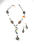 Copper Wire Wrapped Agate and Clay Bead Necklace and Matching Earrings