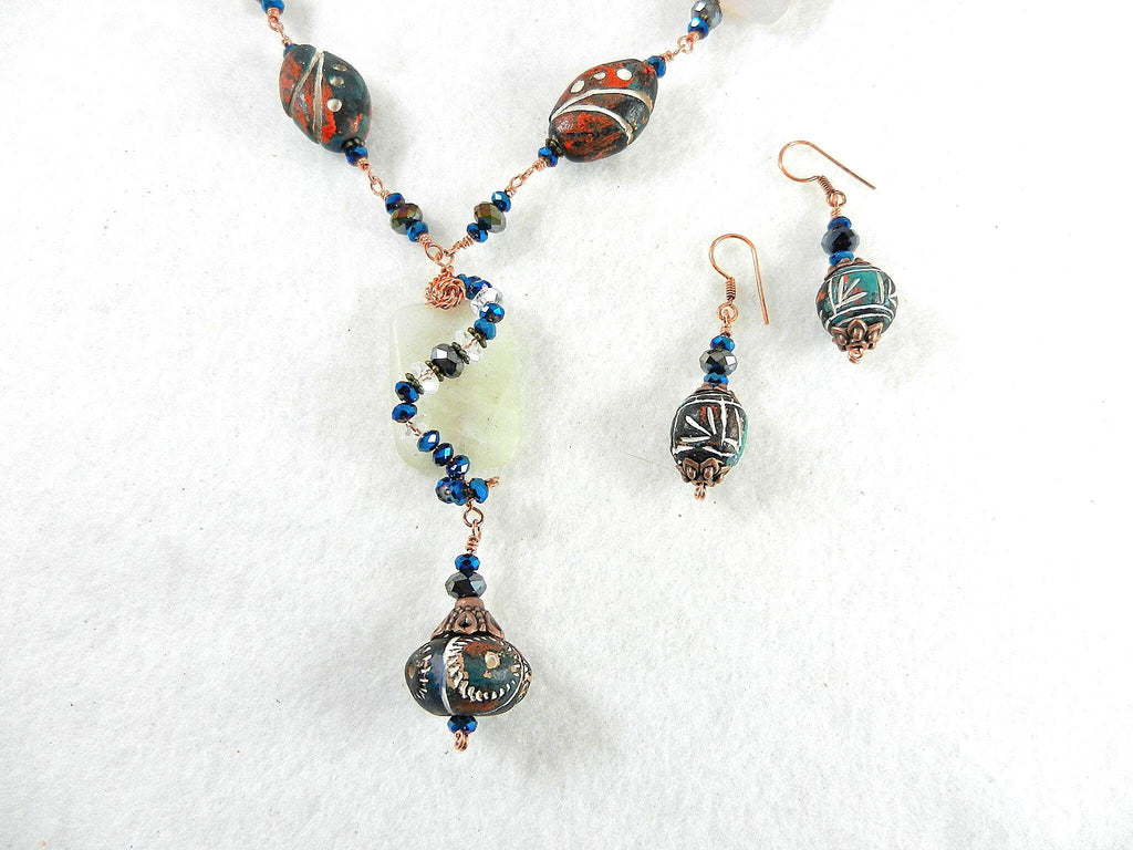 Copper Wire Wrapped Agate and Clay Bead Necklace and Matching Earrings