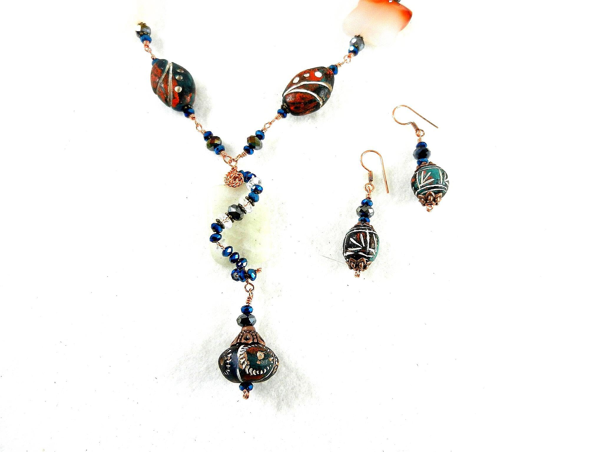 Copper Wire Wrapped Agate and Clay Bead Necklace and Matching Earrings