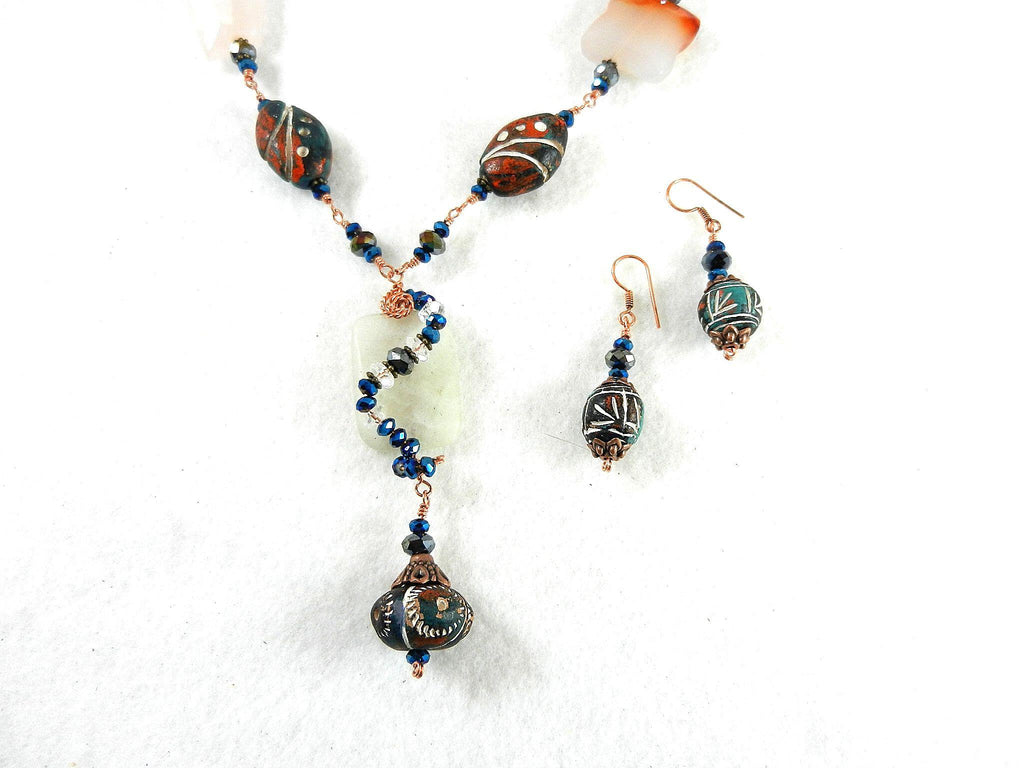 Copper Wire Wrapped Agate and Clay Bead Necklace and Matching Earrings