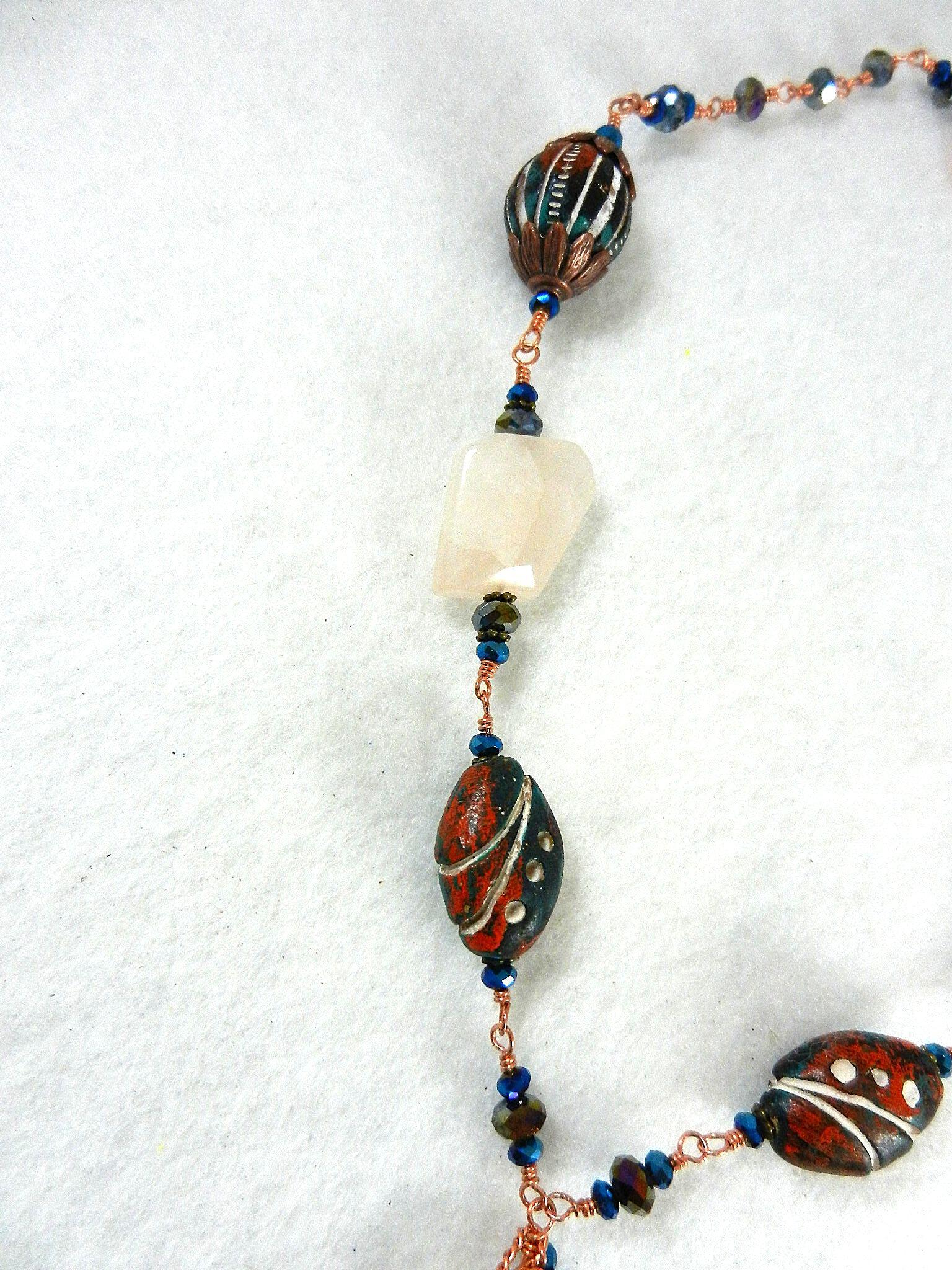 Copper Wire Wrapped Agate and Clay Bead Necklace and Matching Earrings