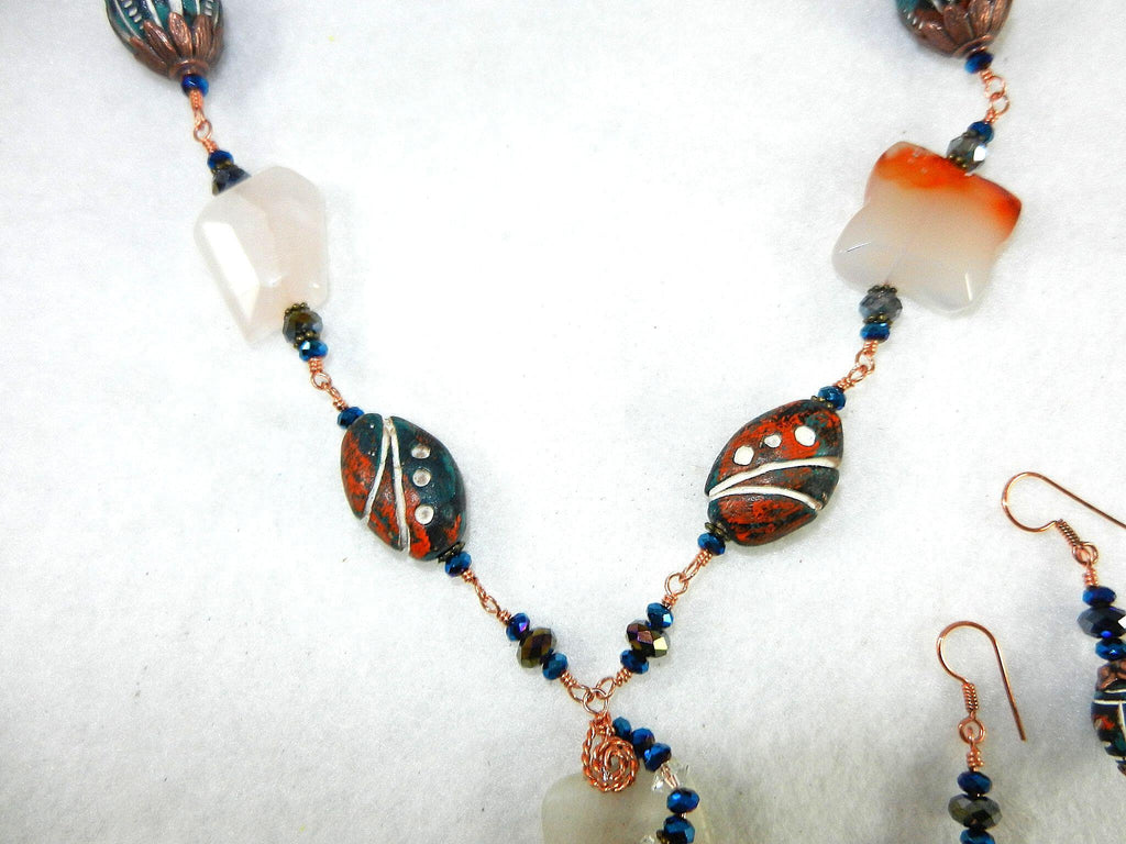 Copper Wire Wrapped Agate and Clay Bead Necklace and Matching Earrings