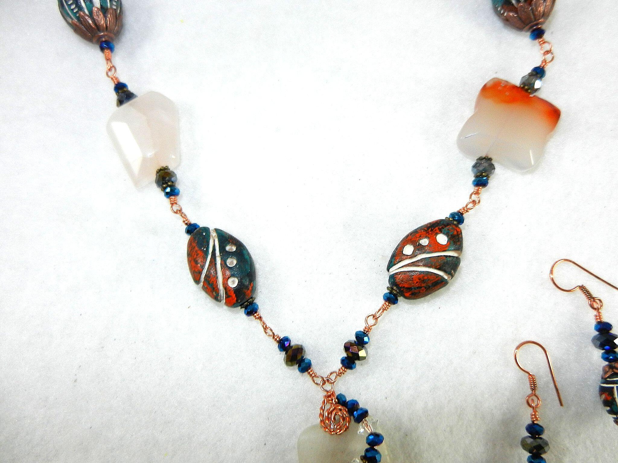 Copper Wire Wrapped Agate and Clay Bead Necklace and Matching Earrings