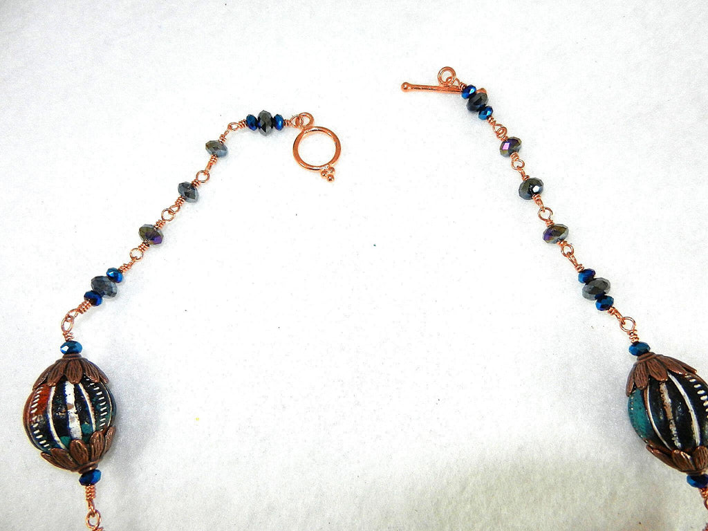 Copper Wire Wrapped Agate and Clay Bead Necklace and Matching Earrings