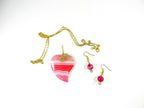 Pink Banded Agate Heart Pendant Gold Wire Wrapped with Matching Earrings