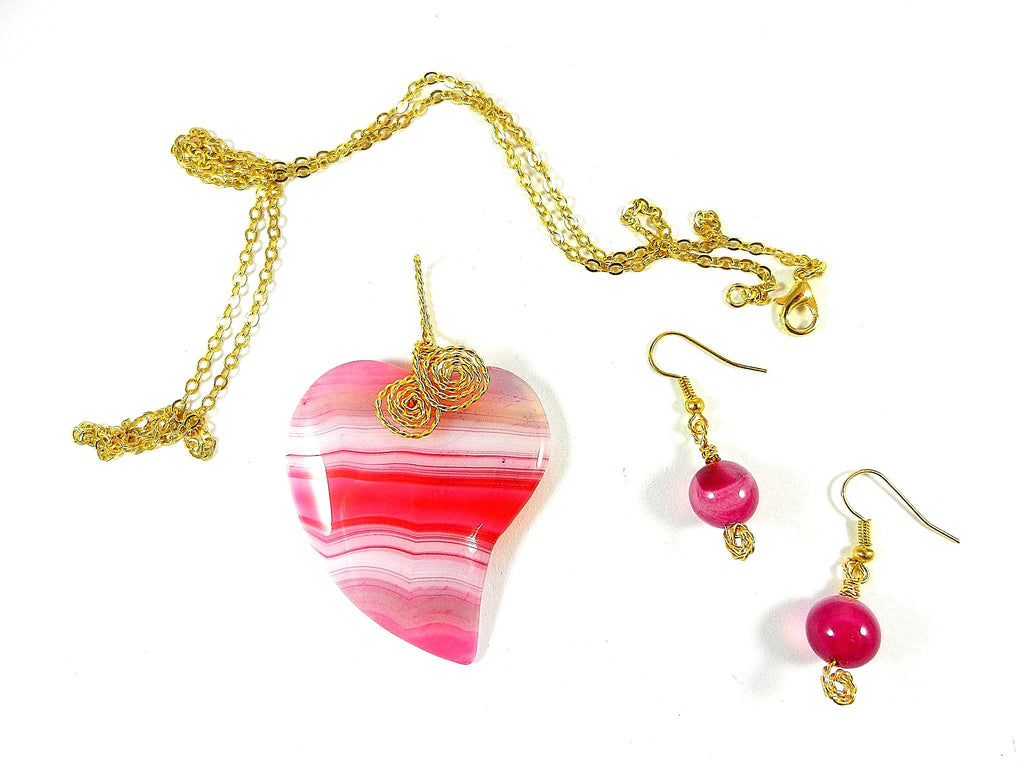 Pink Banded Agate Heart Pendant Gold Wire Wrapped with Matching Earrings