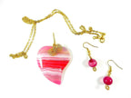 Pink Banded Agate Heart Pendant Gold Wire Wrapped with Matching Earrings