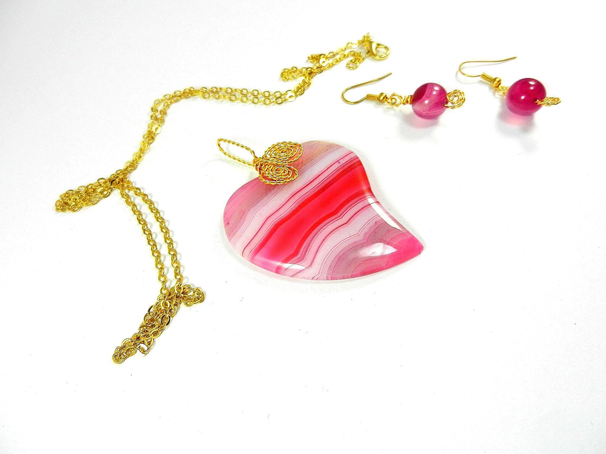 Pink Banded Agate Heart Pendant Gold Wire Wrapped with Matching Earrings