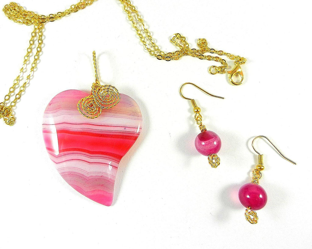 Pink Banded Agate Heart Pendant Gold Wire Wrapped with Matching Earrings