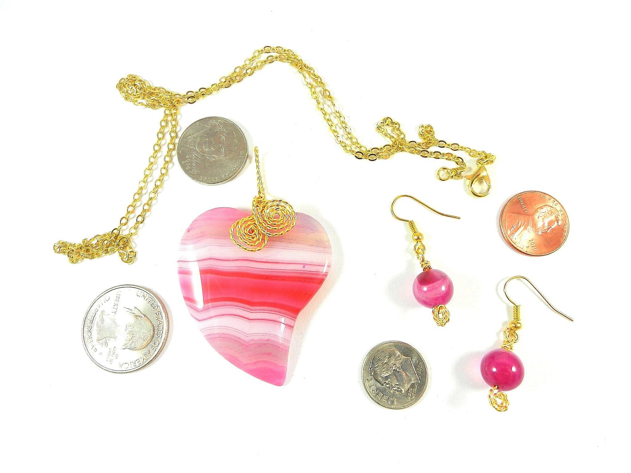 Pink Banded Agate Heart Pendant Gold Wire Wrapped with Matching Earrings