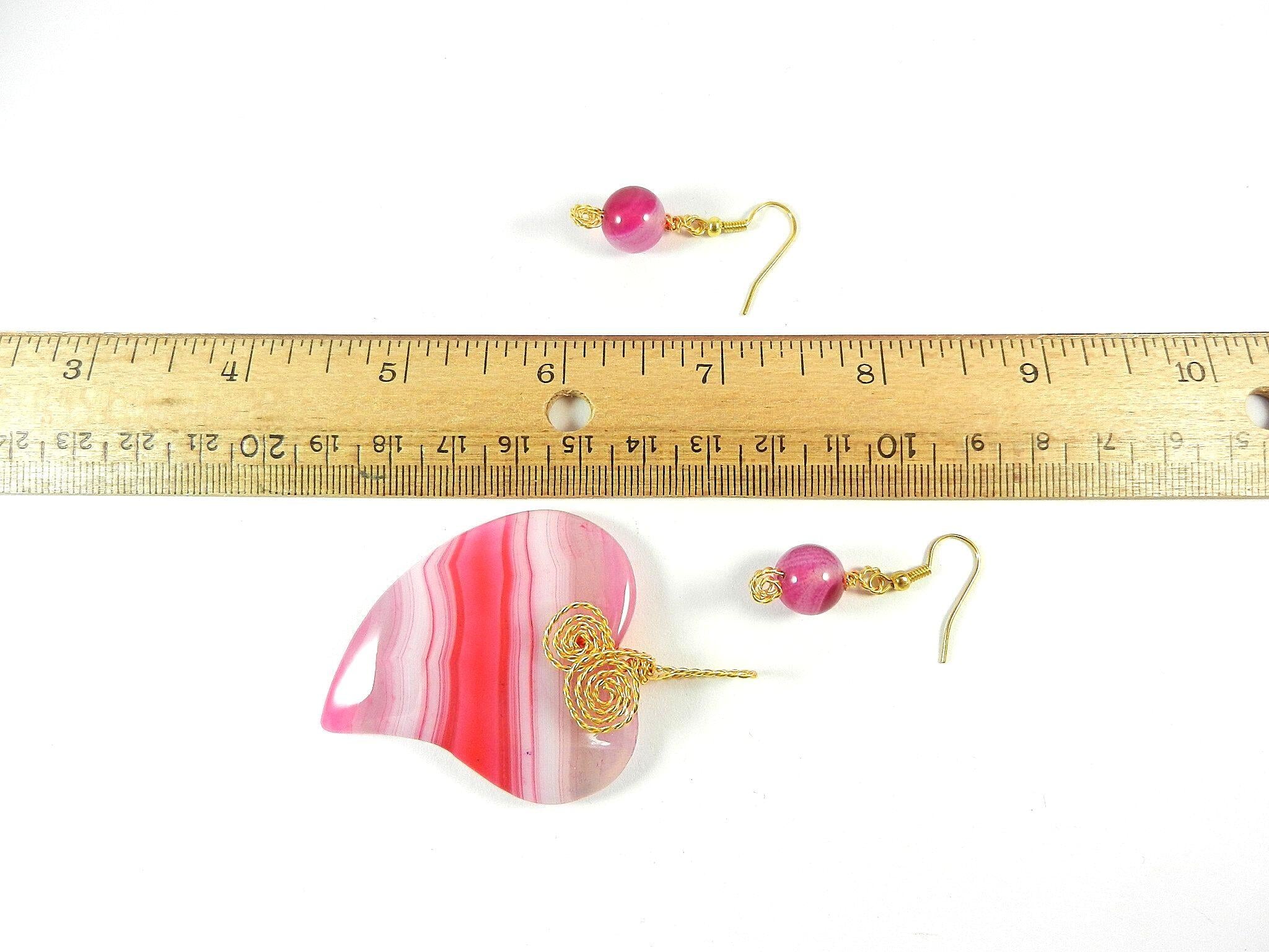 Pink Banded Agate Heart Pendant Gold Wire Wrapped with Matching Earrings