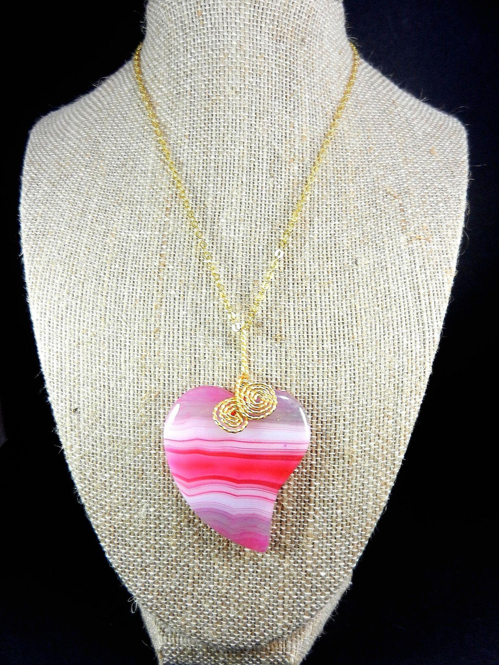 Pink Banded Agate Heart Pendant Gold Wire Wrapped with Matching Earrings