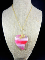 Pink Banded Agate Heart Pendant Gold Wire Wrapped with Matching Earrings