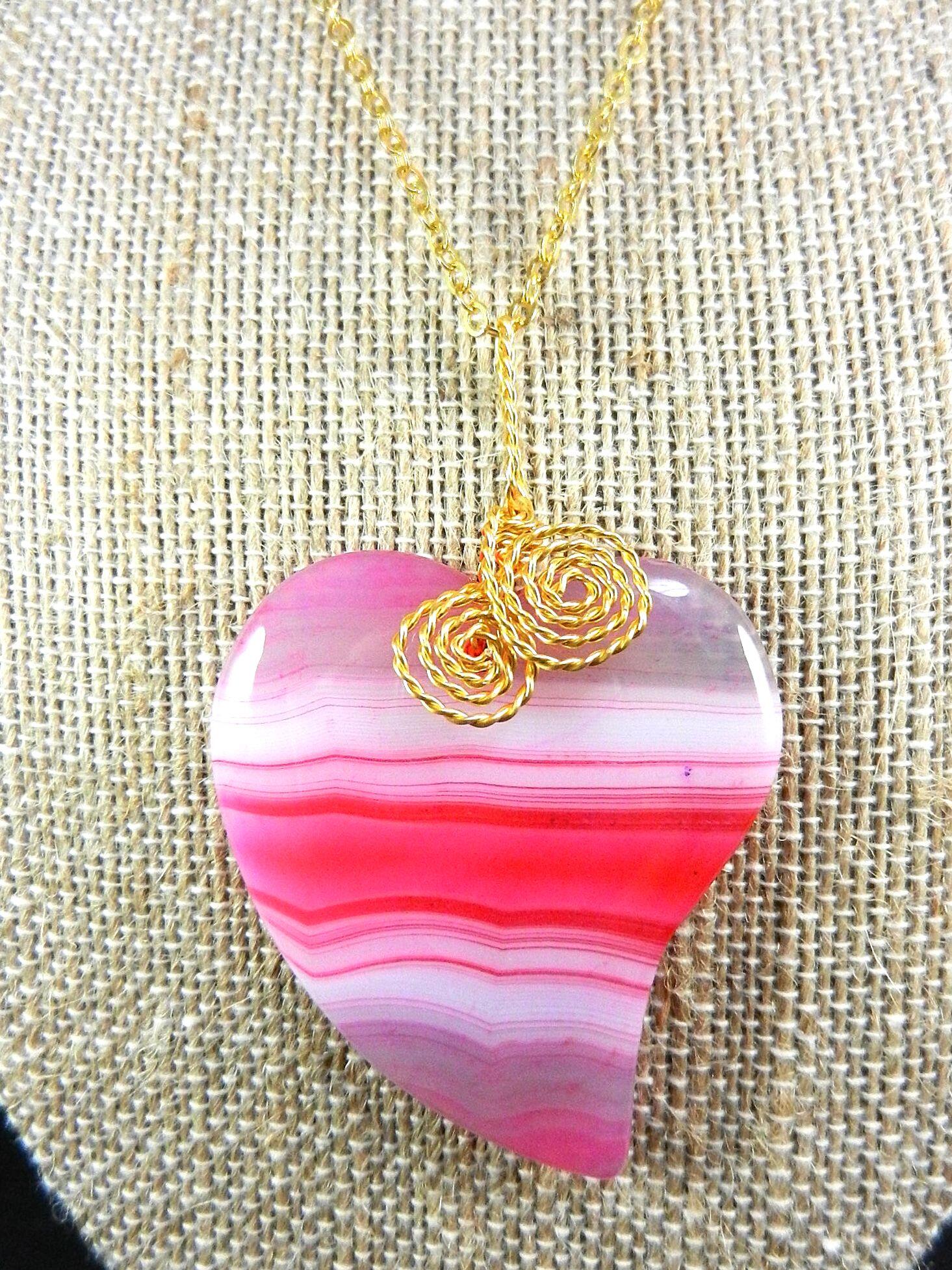 Pink Banded Agate Heart Pendant Gold Wire Wrapped with Matching Earrings