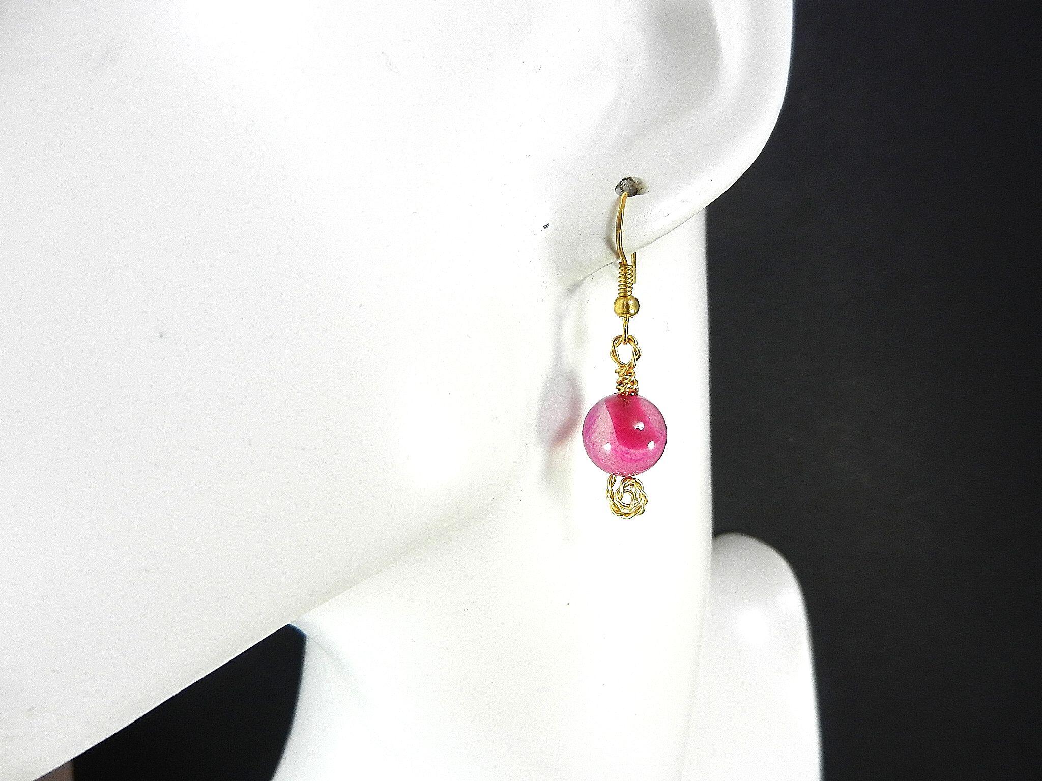 Pink Banded Agate Heart Pendant Gold Wire Wrapped with Matching Earrings