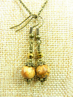 Oblong Agate Gemstone in Brown and Cream Wire Wrapped with Bronze Wire with Matching Jasper Earrings