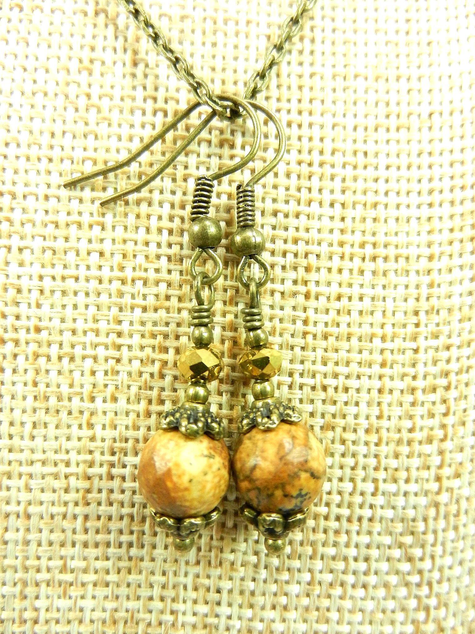 Oblong Agate Gemstone in Brown and Cream Wire Wrapped with Bronze Wire with Matching Jasper Earrings