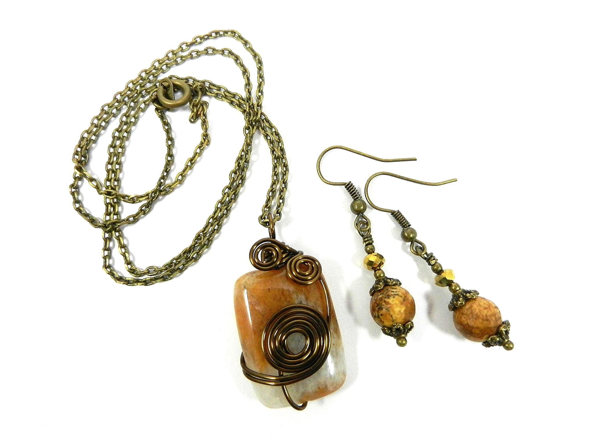 Oblong Agate Gemstone in Brown and Cream Wire Wrapped with Bronze Wire with Matching Jasper Earrings