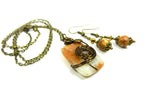 Oblong Agate Gemstone in Brown and Cream Wire Wrapped with Bronze Wire with Matching Jasper Earrings