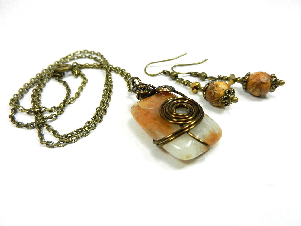 Oblong Agate Gemstone in Brown and Cream Wire Wrapped with Bronze Wire with Matching Jasper Earrings