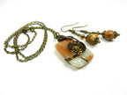 Oblong Agate Gemstone in Brown and Cream Wire Wrapped with Bronze Wire with Matching Jasper Earrings