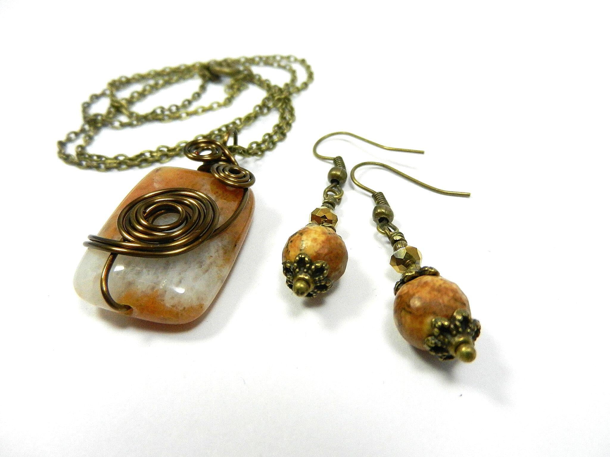 Oblong Agate Gemstone in Brown and Cream Wire Wrapped with Bronze Wire with Matching Jasper Earrings