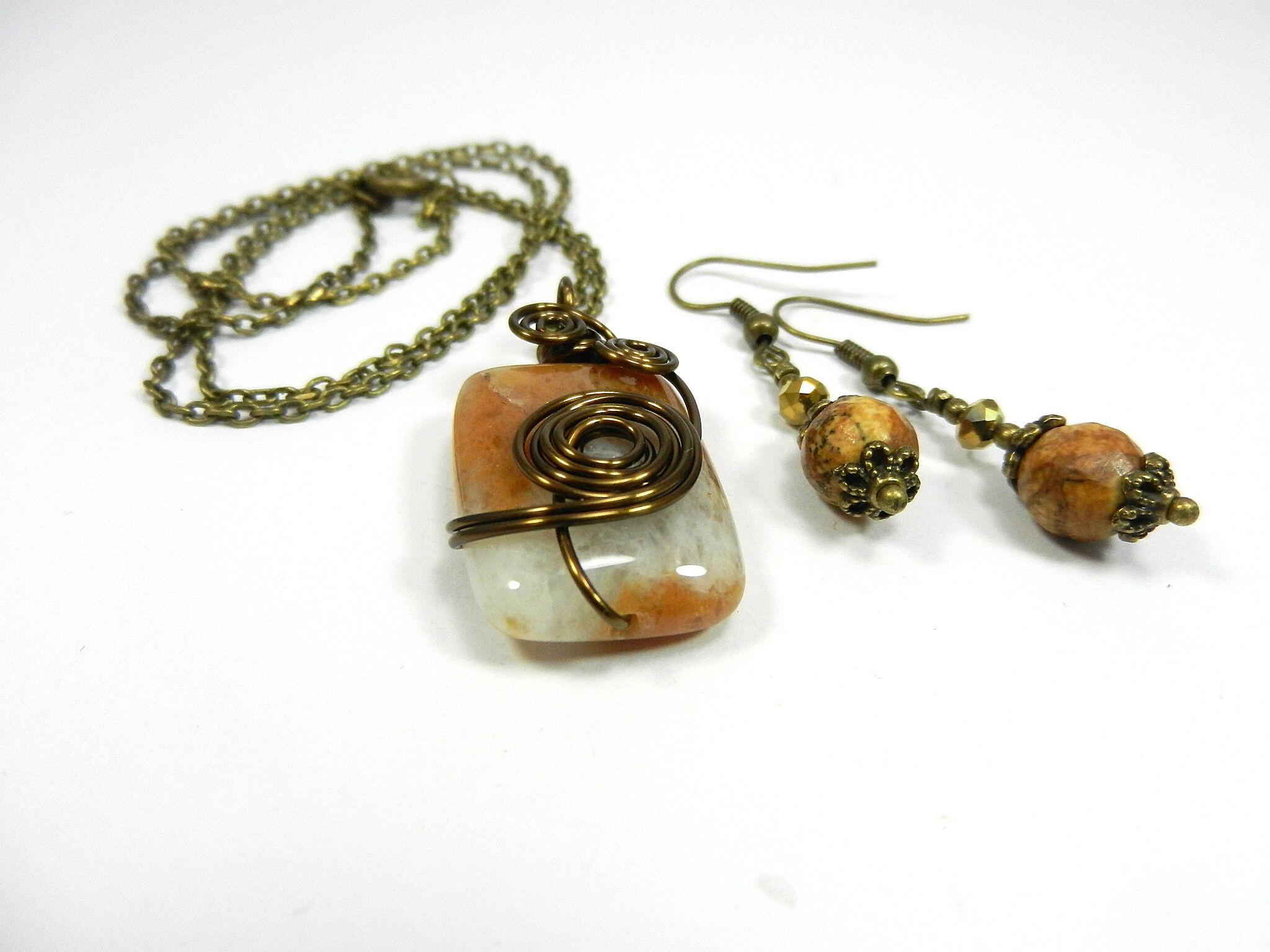 Oblong Agate Gemstone in Brown and Cream Wire Wrapped with Bronze Wire with Matching Jasper Earrings