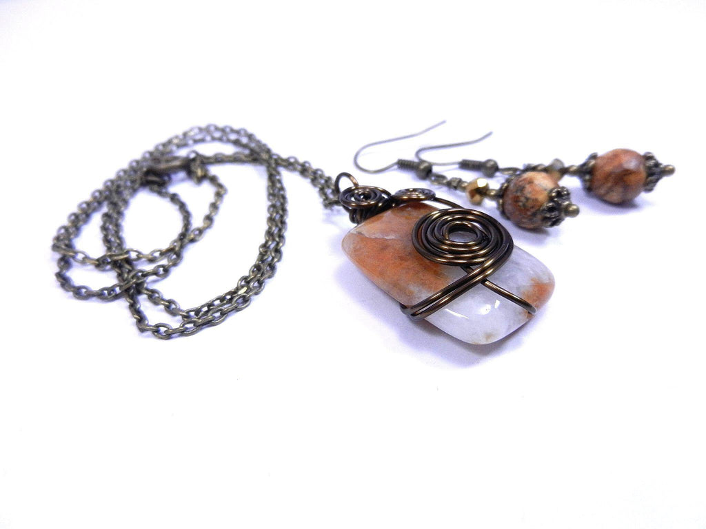 Oblong Agate Gemstone in Brown and Cream Wire Wrapped with Bronze Wire with Matching Jasper Earrings
