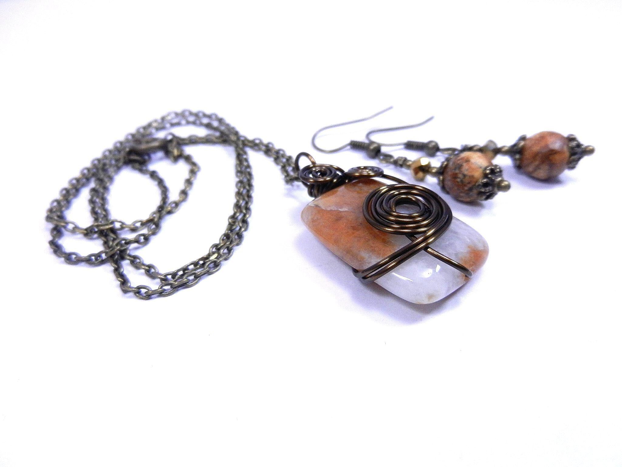 Oblong Agate Gemstone in Brown and Cream Wire Wrapped with Bronze Wire with Matching Jasper Earrings