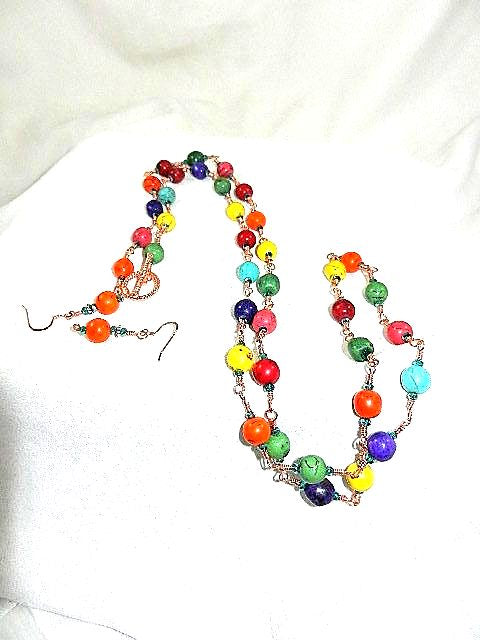 Copper Wire Wrapped Red Purple Orange Yellow Green Turquoise Necklace with Matching Earrings