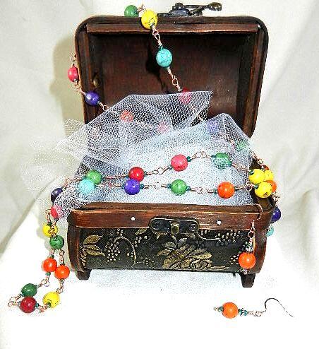 Copper Wire Wrapped Red Purple Orange Yellow Green Turquoise Necklace with Matching Earrings