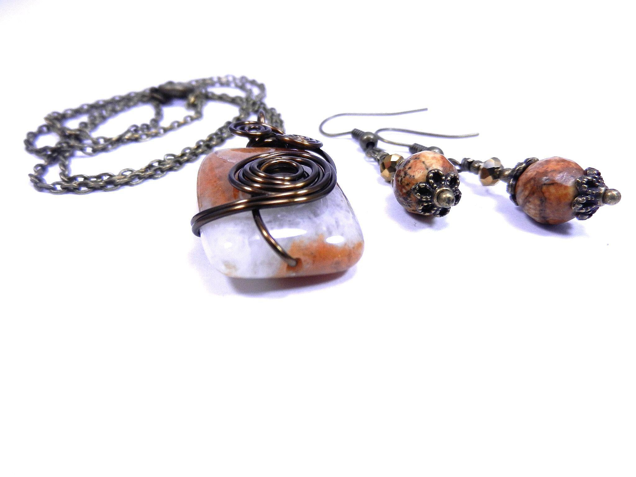 Oblong Agate Gemstone in Brown and Cream Wire Wrapped with Bronze Wire with Matching Jasper Earrings