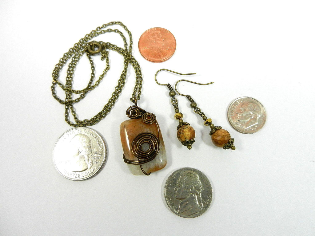 Oblong Agate Gemstone in Brown and Cream Wire Wrapped with Bronze Wire with Matching Jasper Earrings