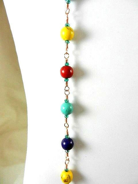 Copper Wire Wrapped Red Purple Orange Yellow Green Turquoise Necklace with Matching Earrings