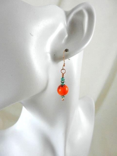 Copper Wire Wrapped Red Purple Orange Yellow Green Turquoise Necklace with Matching Earrings