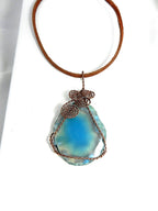 Copper Wire Wrapped Blue Druzy Geode Agate Pendant with Matching Earrings and a Brown Suede Necklace