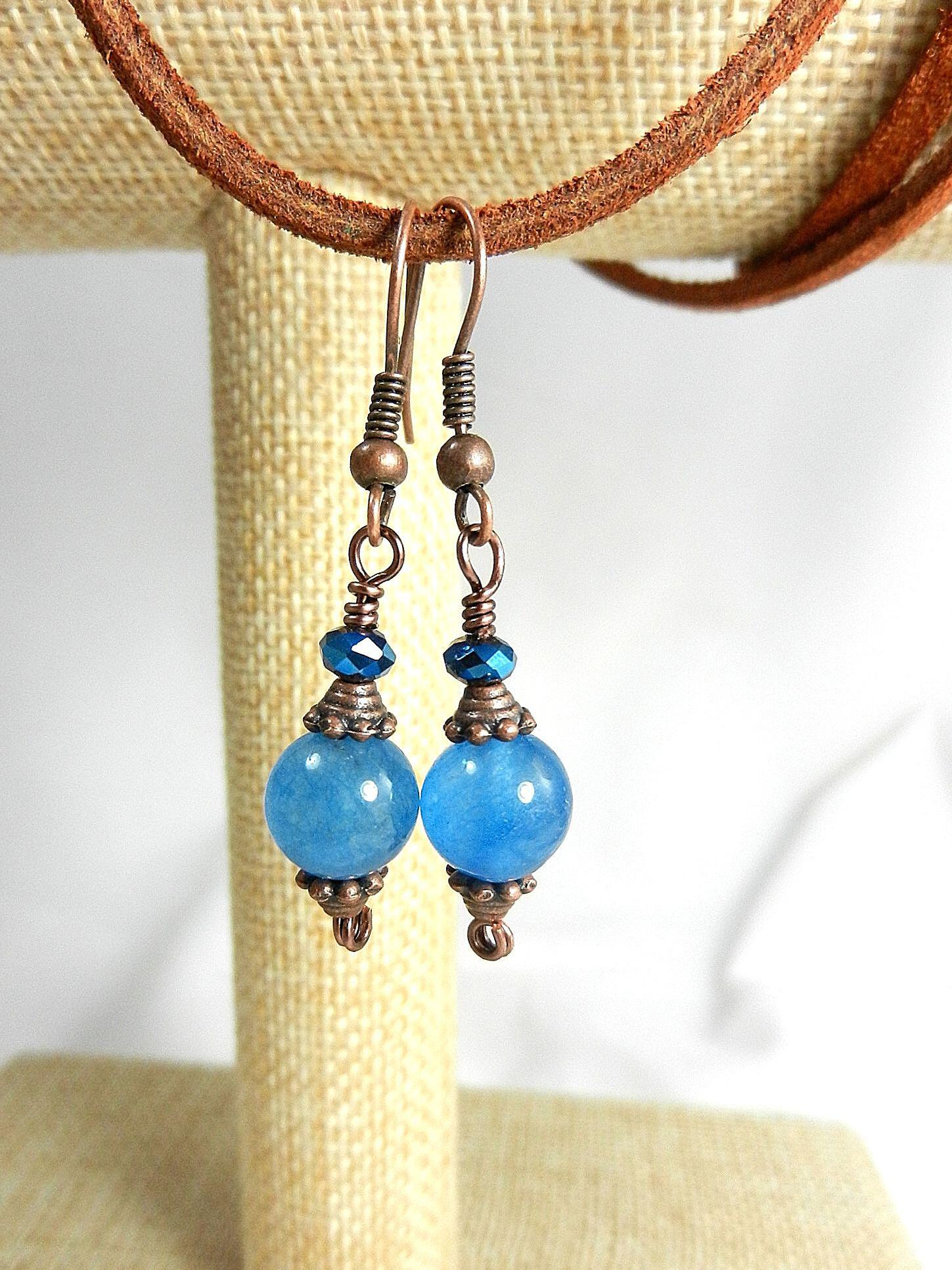 Copper Wire Wrapped Blue Druzy Geode Agate Pendant with Matching Earrings and a Brown Suede Necklace